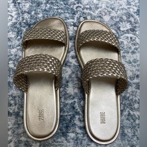 PAIGE Dakota Leather Light Gold w Braided Double-Strap Slide Sandals - Size 11